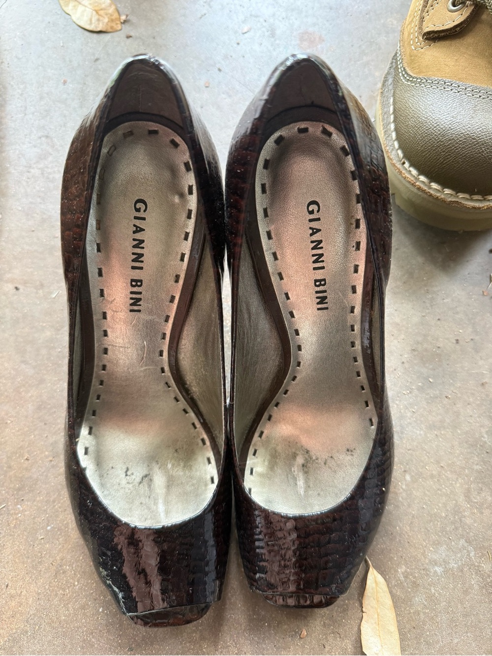 Gianni Bini Dark Brown Patent Peep-Toe Pumps